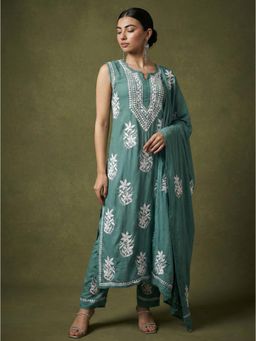 The Chikan Label - Green Ashvi Modal Chikankari Sleeveless Kurta with Pant and Dupatta