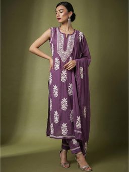 The Chikan Label - Purple Ashvi Modal Chikankari Sleeveless Kurta with Pant and Dupatta