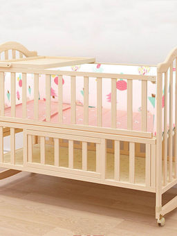 Polka Tots - Elegant Fruits Wooden Rocking Cradle Baby Crib Cot with Mosquito Net (18-24 Months)