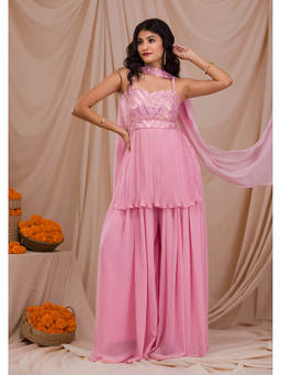 Koskii - Onion Pink Sequins Georgette Readymade Palazzo (Set of 3)