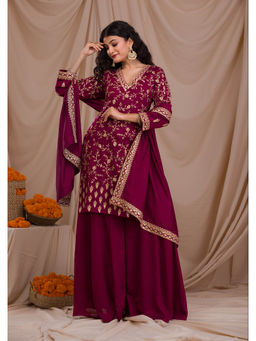 Koskii - Purple Zari Work Art Silk Readymade Palazzo (Set of 3)