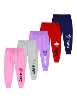 Trampoline - Girls Pack Of 5 Happy Printed Joggers-Multi Colour