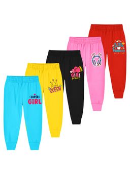 Trampoline - Girls Pack Of 5 Girl Power and Queen Printed Joggers-Multi Colour