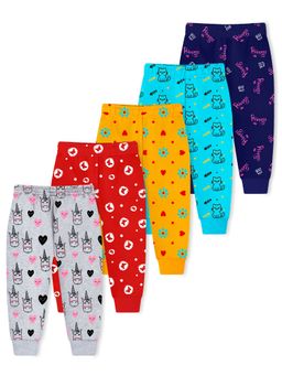 Trampoline - Girls Pack Of 5 All Over Flower and Cat Printed Joggers-Multi Colour