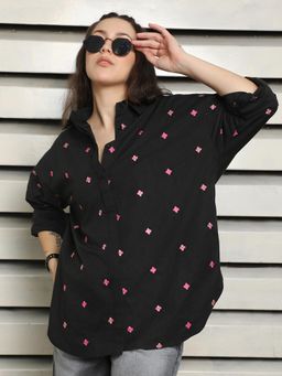 High Star - Oversized Fit Spread Collar Cotton Embroidered Casual Shirt