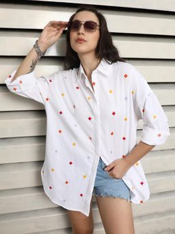 High Star - Oversized Fit Spread Collar Cotton Embroidered Casual Shirt