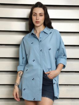 High Star - Oversized Fit Spread Collar Cotton Embroidered Casual Shirt