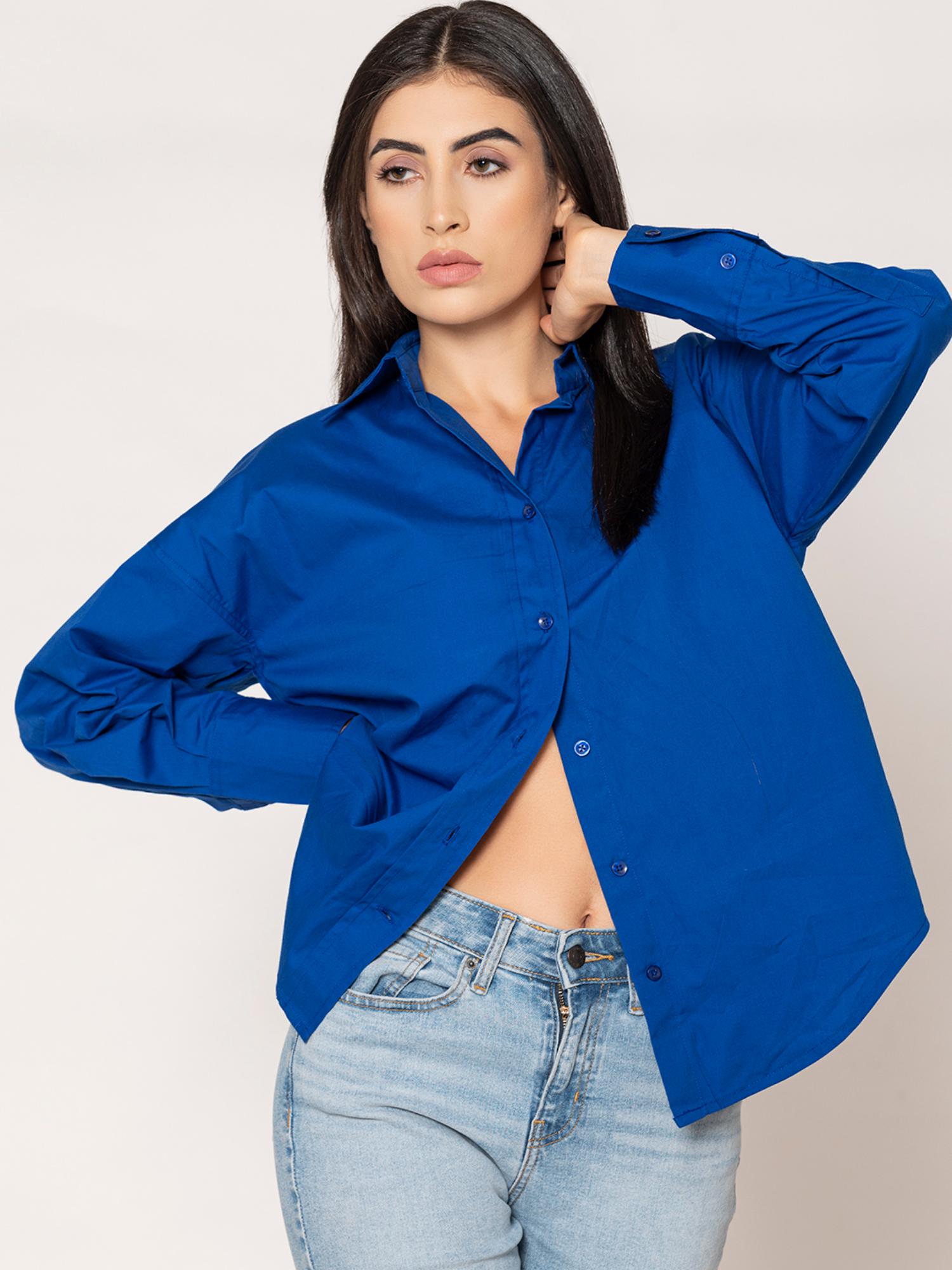 lounge dreams Pure Cotton Oversized Poplin Blue Shirt-picture-18