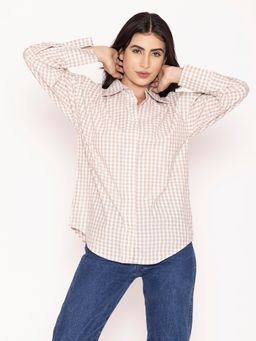 Lounge Dreams - Oversized Checked Pure Cotton Khaki Shirt