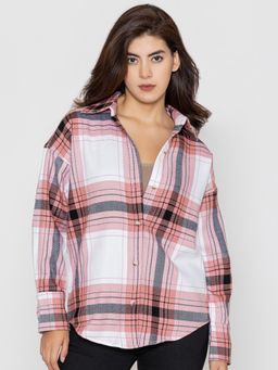 Lounge Dreams - Oversized Woolen Checked Pink Shirt