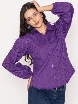 Lounge Dreams - Purple Schiffli Pure Cotton Shirt