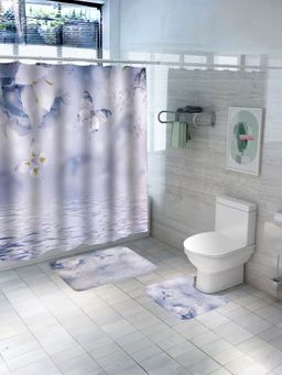 UMAI - Nature Curtain Set & Bathmat Blue and White (Set of 3)