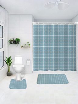 UMAI - Geometric Curtain Set & Bathmat Blue (Set of 3)