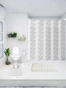 UMAI - Geometric Curtain Set & Bathmat White (Set of 3)