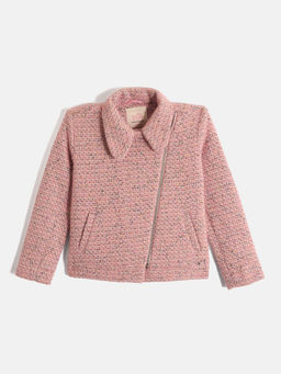 Blue Giraffe - Girls Pink Woven Spread Collar Tweed Jacket