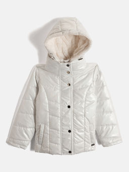 ELLE - Girls White Solid Hooded Full Sleeves Puffer Jacket