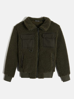 Antony Morato - Boys Green Solid Spread Collar Full Sleeves Fleece Jacket