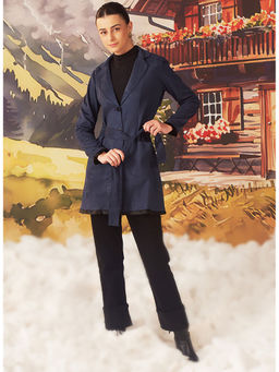 Lakshita - Women's Navy Blue Solid Winter Coat with Belt (Set of 2)