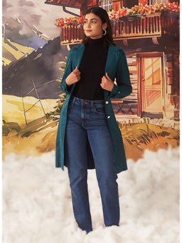Lakshita - Women's Teal Solid Winter Coat with Belt (Set of 2)