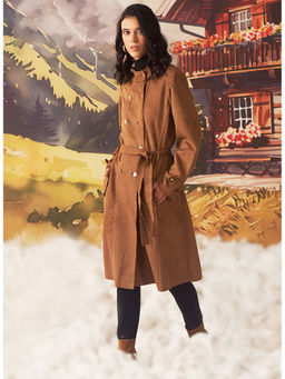 Lakshita - Women's Tan Solid Winter Coat with Belt (Set of 2)
