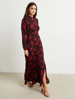 Styli - Black Floral Print High Neck Maxi Dress With Long Sleeves