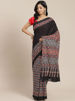 Yufta - Women Black & Red Ethnic Motifs Pure Cotton Block Print Saree with Unstitched Blouse
