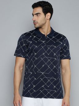 Alcis - Men Navy Blue Abstract Printed Polo Collar Slim Fit T-shirt