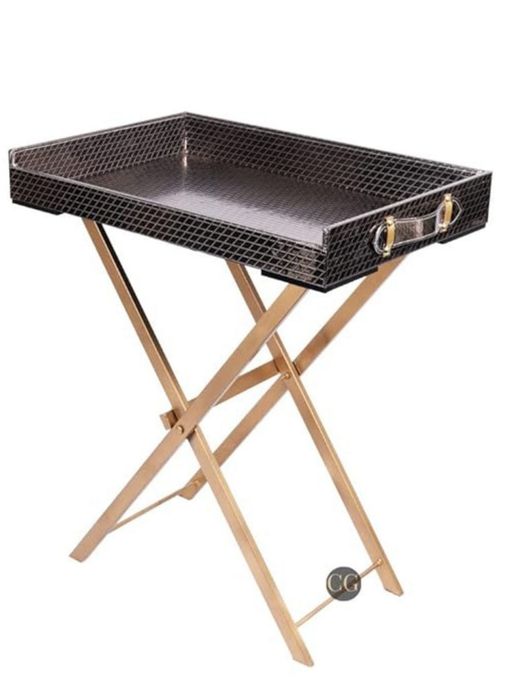 CasaGold Gun Metal Foldable Leather Tray Table With Metal Stand