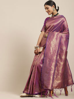 Sareemall - Women's Kanjeevaram Silk Purple Woven Design Woven Saree with Unstitched Blouse