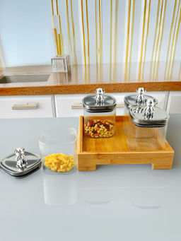 The Better Home - Platters Serving Set For Snacks with Wooden Tray & 4 Jars (350Ml ) (Pack of 4)