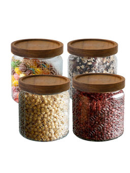 The Better Home - Glass Jar with Wooden Lid, 500 Ml (Pack of 4)