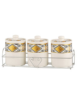 The Better Home - Ceramic Jars For with Iron Stand, 700Ml (Pack of 3)