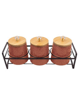 The Better Home - Ceramic Jars with Bamboo Lids & Iron Stand, 650Ml , Orange (Pack of 3)