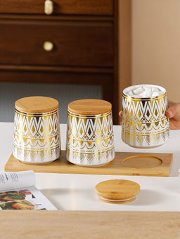 The Better Home - Ceramic Jars with Bamboo Lids & Tray, 650Ml (Pack of 3)