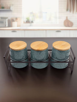 The Better Home - Ceramic Jars with Bamboo Lids And Iron Stand 650Ml (Pack of 3)