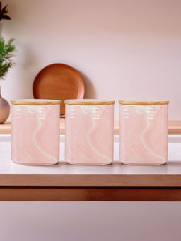 The Better Home - Ceramic Jar Set with Bamboo Lid, 720Ml, Pink (Pack of 3)