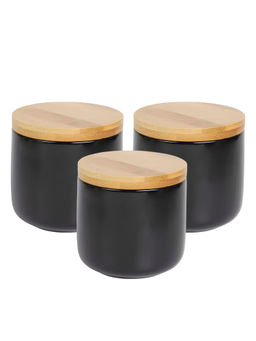 The Better Home - Ceramic Jar with Bamboo Lid, 260Ml, Black (Pack of 3)