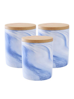 The Better Home - Ceramic Jars with Bamboo Lids, 400Ml, Blue (Pack of 3)