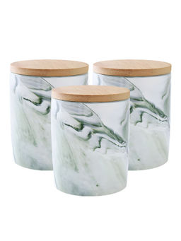 The Better Home - Ceramic Jars with Bamboo Lid, 400Ml, Green (Pack of 3)