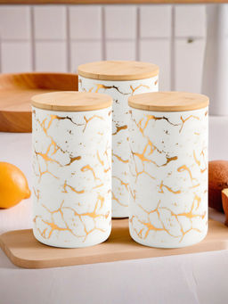 The Better Home - Ceramic Storage Jars with Bamboo Lid, 1000Ml, White-Gold (Pack of 3)