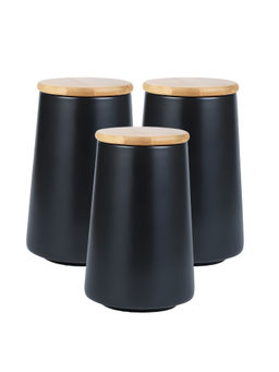 The Better Home - Ceramic Jars with Bamboo Lids, 850Ml, Black (Pack of 3)