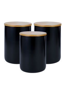 The Better Home - Ceramic Jars with Bamboo Lid, 800Ml, Black (Pack of 3)