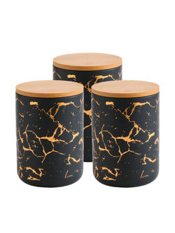 The Better Home - Ceramic Jars with Bamboo Lids, 800Ml, Black-Gold (Pack of 3)