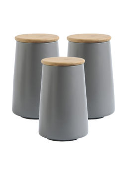 The Better Home - Ceramic Jar with Bamboo Lid 850Ml, Grey (Pack of 3)