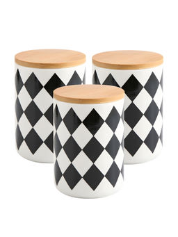 The Better Home - Ceramic Jar with Bamboo Lid 800Ml, Black-White (Pack of 3)