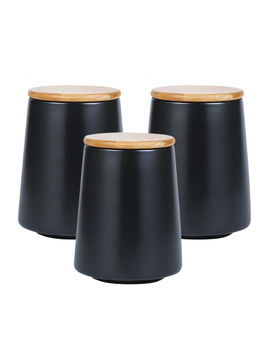The Better Home - Ceramic Jar with Bamboo Lid, 700Ml, Black (Pack of 3)