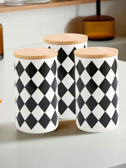 The Better Home - Ceramic Jars with Bamboo Lid, 1000Ml, Black-White (Pack of 3)
