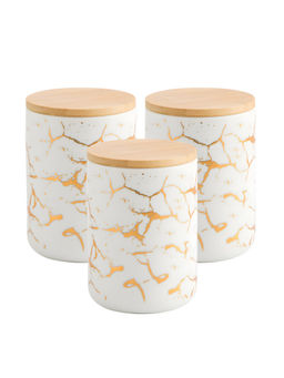 The Better Home - Ceramic Jars with Bamboo Lids, 800Ml, White-Gold (Pack of 3)