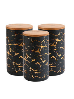 The Better Home - Ceramic Jars with Bamboo Lid, 1000Ml, Black-Gold (Pack of 3)