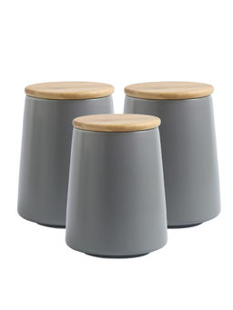 The Better Home - Ceramic Jars with Bamboo Lid, 700Ml, Grey (Pack of 3)